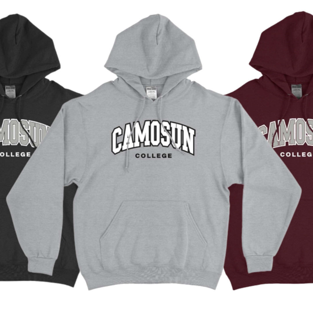 Dark grey, medium grey and maroon coloured hoodies with the words ĤƵ stitched on the front.